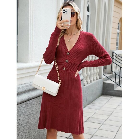 Women's Ribbed Knit Midi Sweater Dress V-Neck Pleated A-Line Fitted - Picture 7 of 9